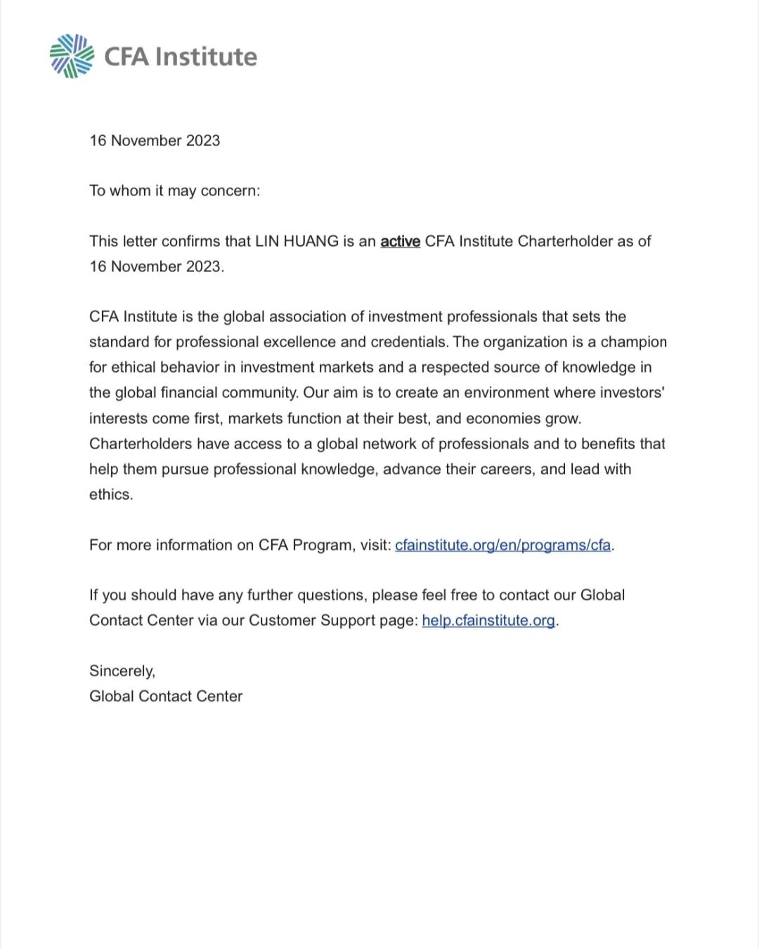 喜报！金华民建会员黄林成为特许金融分析师(CFA)持证人